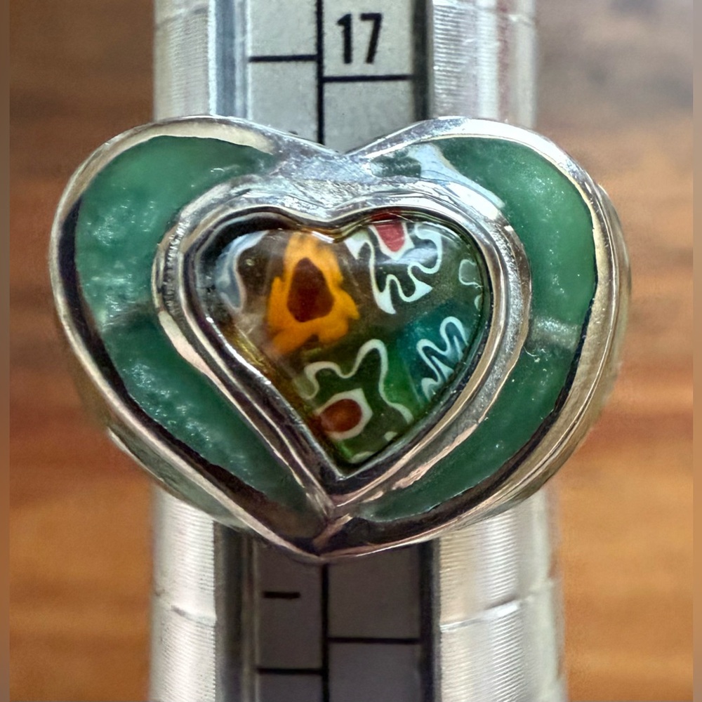 Wide Silver Tone Heart Ring with Green and Multicolor Millefiori Acrylic Inlay